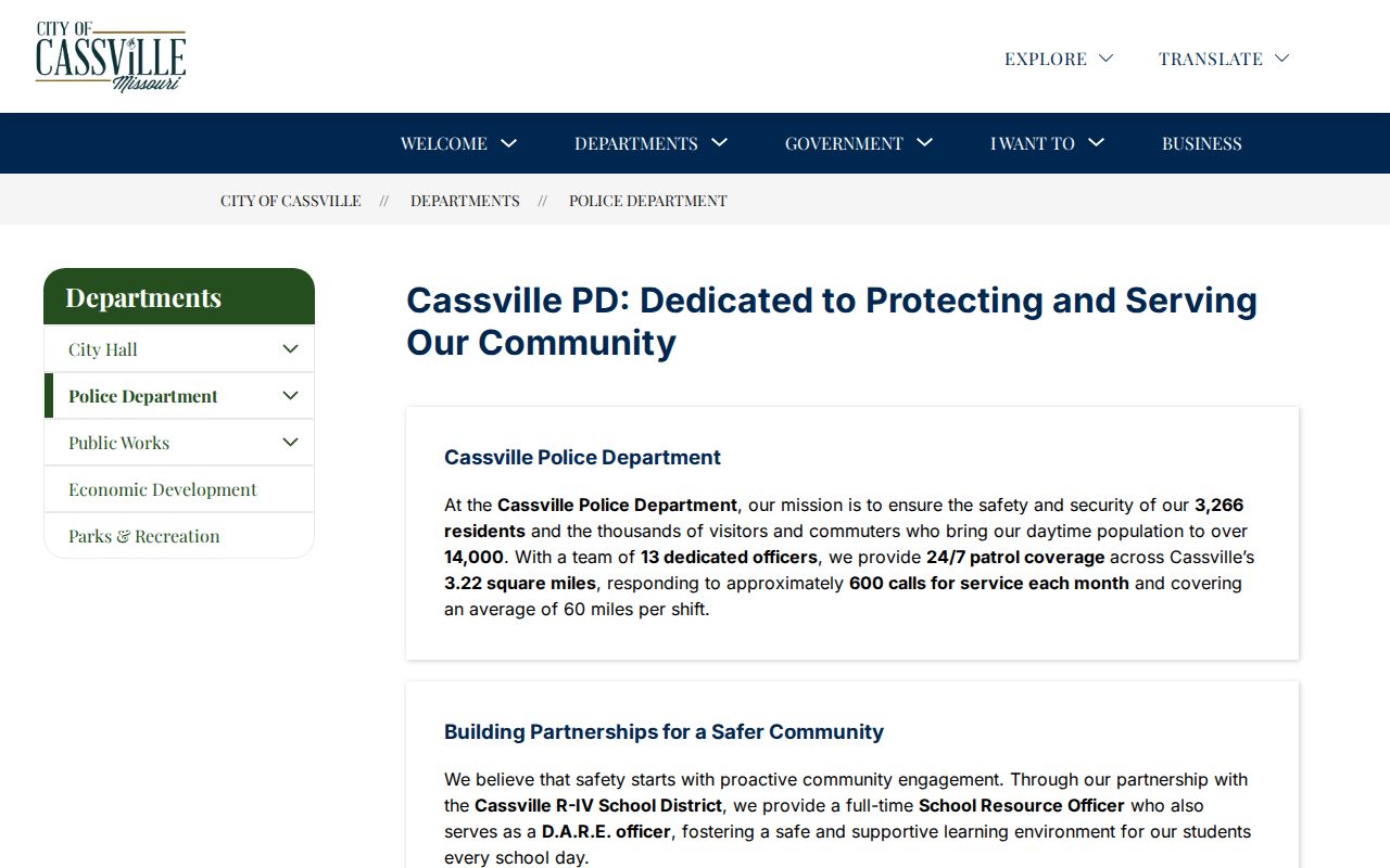 Cassville Police Department page for Cassville arrest records and public records contact