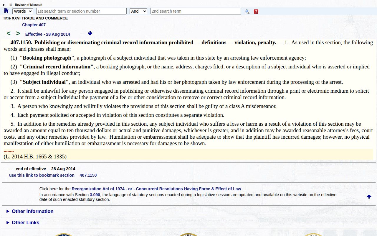 Barry County booking-photo law record, Missouri statute source