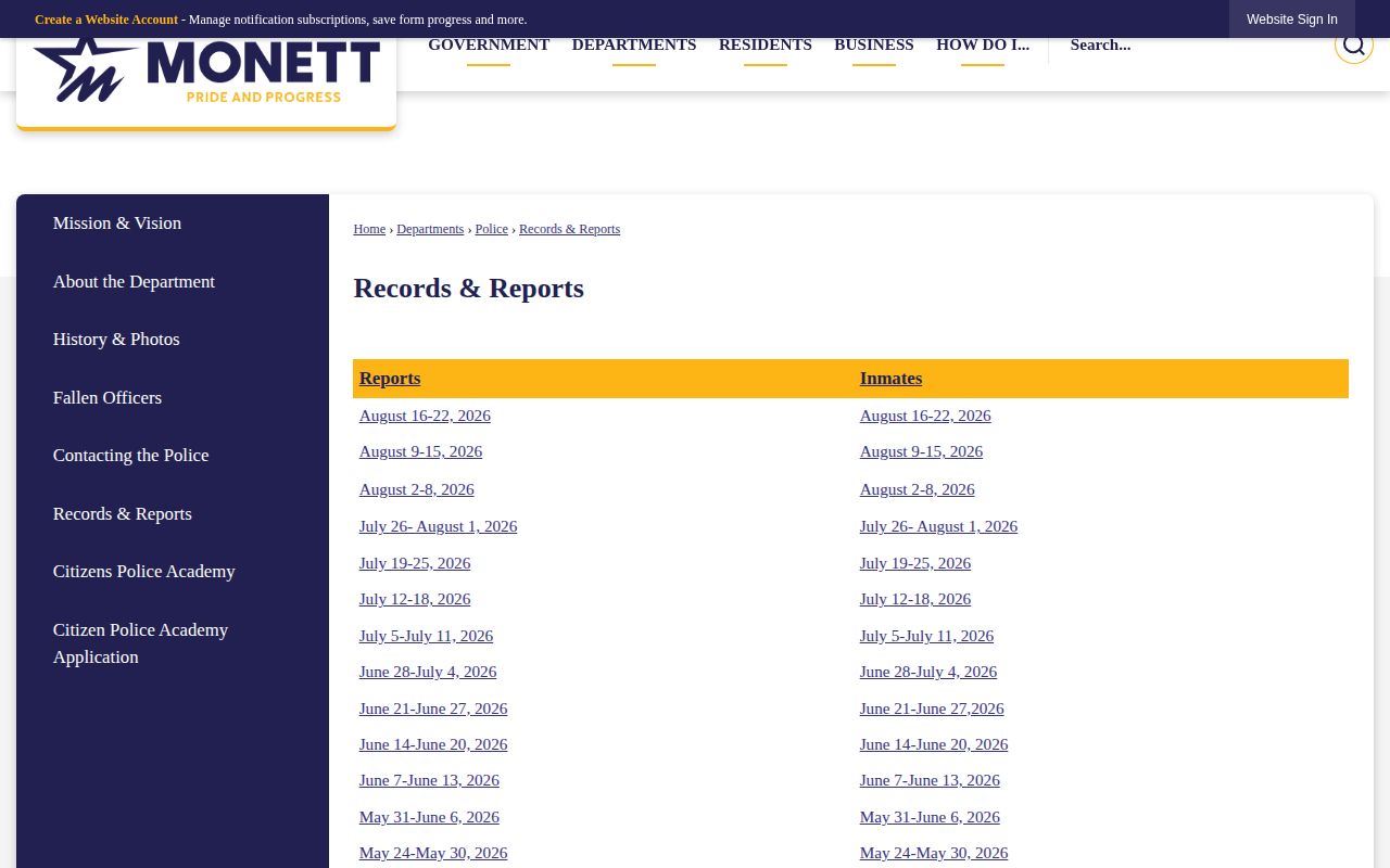 Monett Police Department records and reports page for Monett arrest records