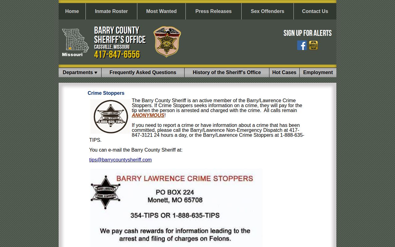 Barry County Crime Stoppers official warrant record tip page